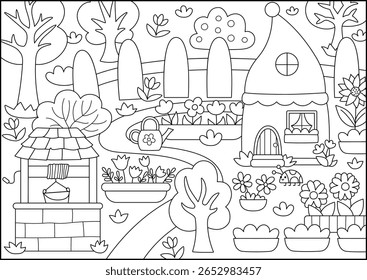 Vetor preto e branco vazio fundo de jardim anão. Paisagem de linhagem de país genoma bonito. Woodland, cena da floresta de fantasia, página colorida com árvore, casa. Ilustração de conto de fadas
