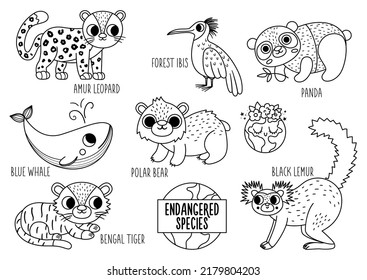 Conjunto de especies en peligro de extinción de vectores en blanco y negro. Colección de animales extinguidos de línea corta. Graciosa ilustración para niños con amur leopard, ballena azul, lemur negro. página de color de protección de la naturaleza
