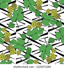 Vector. Black and white engraved humulus ink art. Green leaf. Leaf plant botanical garden floral foliage. Seamless background pattern. Fabric wallpaper print texture.