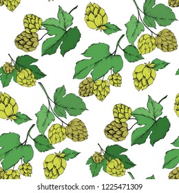Vector. Black and white engraved humulus ink art. Green leaf. Leaf plant botanical garden floral foliage. Seamless background pattern. Fabric wallpaper print texture.