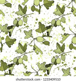 Vector. Black and white engraved ink art. Seamless background pattern. Fabric wallpaper print texture. Green leaf. Leaf plant botanical garden floral foliage.