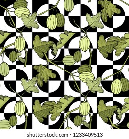 Vektorgrafik. Schwarz-Weiß-Tintenkunst. Nahtlose Hintergrundmuster. Tapete-Tapete-Druckstruktur. Grünes Blatt. Blattpflanze botanischer Garten Blumenblätterblättern.