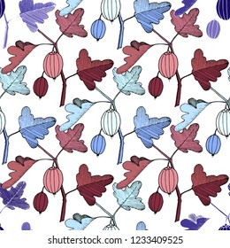 Vector. Black and white engraved ink art. Seamless background pattern. Fabric wallpaper print texture. Leaf plant botanical garden floral foliage.