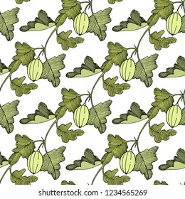 Vector. Black and white engraved ink art. Seamless background pattern. Fabric wallpaper print texture. Green leaf. Leaf plant botanical garden floral foliage.