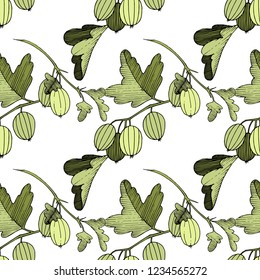 Vector. Black and white engraved ink art. Seamless background pattern. Fabric wallpaper print texture. Green leaf. Leaf plant botanical garden floral foliage.