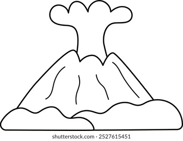 Vector en blanco y negro en erupción o explosión de montañas volcánicas con ilustración de línea de humo. Icono de Rock aislado sobre fondo blanco. Imagen de paisaje de naturaleza prehistórica. Dibujo para colorear de Dinosaurio
