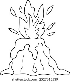 Vector en blanco y negro en erupción o explosión de montañas volcánicas con lava e ilustración de línea de fuego. Icono de Rock aislado en blanco. Imagen de paisaje de naturaleza prehistórica. Dibujo para colorear de Dinosaurio
