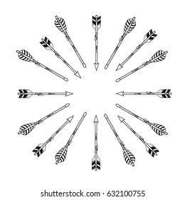 Vector black and white ethnic illustration with frame made of arrows in boho style. Tribal design.