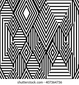 Vector black and white ethnic seamless pattern with striped rhombus. Abstract tribal background. Trendy design for fashion textile print, wrapping paper, web background, package.