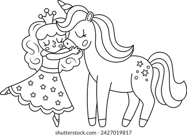 Vector black and white fairy icon. Fantasy sorceress with crown hugging a unicorn. Fairytale line character in dress with stars. Cartoon magic outline picture coloring page
