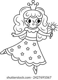 Vector black and white fairy icon. Fantasy outline sorceress with magic wand and crown. Fairytale line character in purple robe with stars. Cartoon magic princess outline picture coloring page
