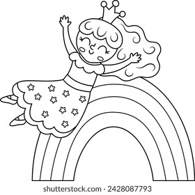 Vector black and white fairy icon. Fantasy sorceress with crown sliding down the rainbow with hands up. Fairytale line character with stars. Cartoon magic princess outline picture coloring page