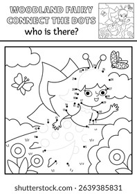 Vector black and white fairyland dot-to-dot activity with fairy bug, line nature scene. Magic forest connect the dots game, coloring page. Who is missing printable worksheet with cute girl
