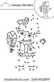 Vector black and white fairyland dot-to-dot activity with elf. Magic forest connect the dots game, coloring page. Fairytale printable worksheet with cute dwarf boy or leprechaun
