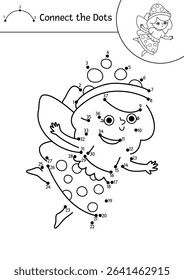 Vector black and white fairyland dot-to-dot activity with mushroom fairy. Magic forest connect the dots game, coloring page. Fairytale printable worksheet with cute girl with wings

