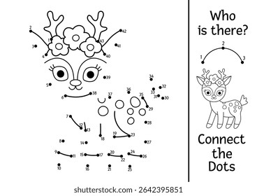 Vector black and white fairyland dot-to-dot activity with deer. Enchanted forest connect the dots game, coloring page with woodland animal. Fairytale printable worksheet with magic creature
