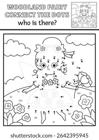 Vector black and white fairyland dot-to-dot activity with flower fairy, line nature scene. Magic forest connect the dots game, coloring page. Who is missing printable worksheet with girl

