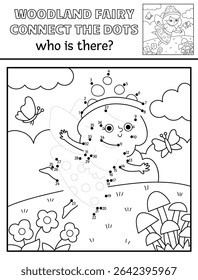 Vector black and white fairyland dot-to-dot activity with mushroom fairy, line nature scene. Magic forest connect the dots game, coloring page. Who is missing printable worksheet
