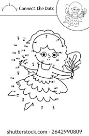 Vetor preto e branco fairyland atividade ponto-a-ponto com fadas pântano. Floresta mágica conectar o jogo de pontos, colorir página. Folha de trabalho imprimível conto de fadas com menina bonito com asas e canas

