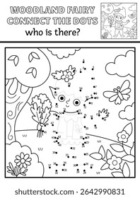 Vector black and white fairyland dot-to-dot activity with elf, line nature scene. Magic forest fairy connect the dots game, coloring page. Who is missing printable worksheet with cute boy
