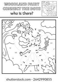 Vector black and white fairyland dot-to-dot activity with acorn fairy, line nature scene. Magic forest connect the dots game, coloring page. Who is missing printable worksheet with cute girl
