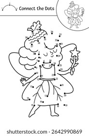 Vector black and white fairyland dot-to-dot activity with acorn fairy. Magic forest connect the dots game, coloring page. Fairytale printable worksheet with cute girl with wings and wand

