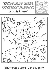 Vector black and white fairyland dot-to-dot activity with fairy, line nature scene. Magic forest connect the dots game, coloring page for children. Who is missing printable worksheet with cute girl
