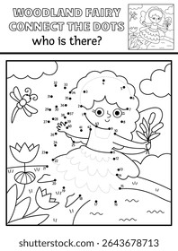 Vector black and white fairyland dot-to-dot activity with swamp fairy, line nature scene. Magic forest or garden connect the dots game, coloring page. Who is missing printable worksheet with girl