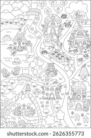 Vector black and white fairyland map background. Cute fairy land landscape. Woodland scenery with treehouses, dragon, roads, bridge, river. Fantasy forest line scene illustration, coloring page
