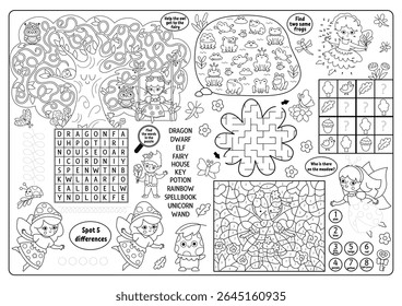 Vector black and white fairyland placemat. Woodland fairy line printable activity mat with maze, wordsearch puzzle, shadow match, find difference. Cute fairytale play mat, coloring page