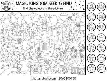 Vector black and white fairytale searching game with medieval castle landscape. Spot hidden objects in the picture. Simple fantasy seek and find magic kingdom printable activity or coloring page
