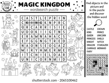 Vector black and white fairytale wordsearch puzzle for kids. Simple magic kingdom crossword with fantasy creatures. Coloring page activity with castle, princess, unicorn. Fairy tale cross word
