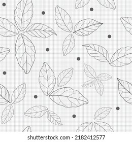 Vector black white fall leaves line art polka dots drawing on check texture seamless pattern. Retro repeating background. Great for textiles, fabric, scrapbooking, wallpapers and much more