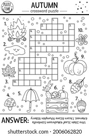 Vector black and white fall season crossword puzzle for kids. Simple outline quiz with autumn forest objects for children. Educational activity or coloring page with cute funny woodland animals
