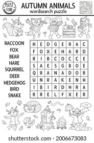 Vector Black And White Fall Wordsearch Puzzle For Kids. Simple Outline Crossword With Autumn Forest Animals For Children. Line Educational Keyword Activity With Cute Woodland Characters
