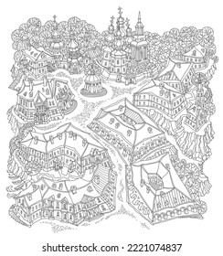 El paisaje vectorial de fantasía en blanco y negro, los edificios de un pueblecito hermoso, la iglesia, la galería comercial. Página Libro de Colores para adultos y niños 
