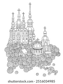 Vector black and white fantasy landscape, hand drawn fairy tale town, monastery church on wooded hill. Adults and Children Coloring Book page 