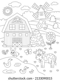 Vector black and white farm landscape illustration. Rural outline village scene with animals, barn, tractor. Nature background with pond, meadow, cow. Country field card or coloring page
