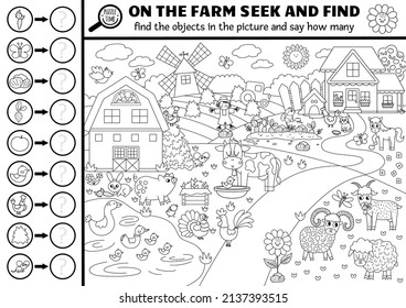 Vector black and white farm searching game with rural countryside landscape. Spot hidden objects, say how many. Simple on the farm seek and find and counting activity or coloring page
