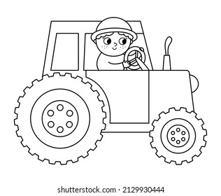 Icono del tractor conduciendo granjero blanco y negro vectorial. Transporte del contorno de la granja con el conductor aislado en el fondo blanco. Graciosa ilustración rural o página de color para niños con un niño lindo
