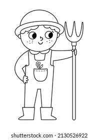 Vector black and white farmer with hayfork icon. Cute kid doing agricultural work. Rural outline country character. Child gathering hay. Funny farm illustration or coloring page 
