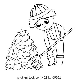 Vector black and white farmer with hayfork icon. Cute outline kid doing agricultural work. Rural country character. Child gathering hay. Funny farm illustration or coloring page 
