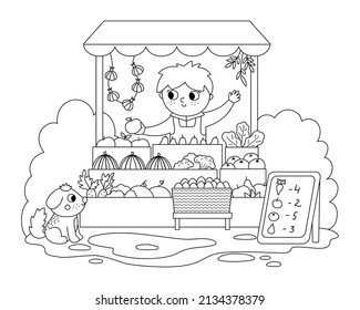 Vector black and white farmer selling fruit and vegetables in a street stall icon. Cute outline farm market scene. Rural country vendor. Funny farm cartoon salesman illustration or coloring page
