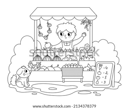 Vector black and white farmer selling fruit and vegetables in a street stall icon. Cute outline farm market scene. Rural country vendor. Funny farm cartoon salesman illustration or coloring page
