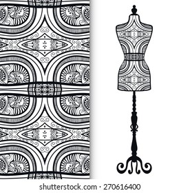 Vector black and white fashion illustration, hand drawn seamless lace geometric pattern. Vector vintage tailor's dummy for female body, isolated elements for invitation card design.