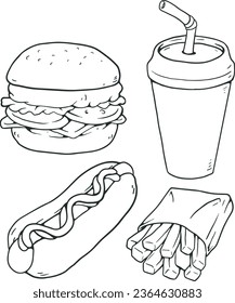 Vektorgrafik Schwarz-Weiß-Fast-Food-Illustration - Schwarz-Weiß, schwarze Linie, Vektorgrafik