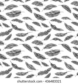 Vector Black and White Feather Pattern | Seamless classical texture with elegant sketch hand painted feathers 