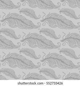 Vector Black and White Feather Pattern. Seamless classical texture with elegant sketch hand painted feathers