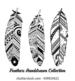 Vector black and white feathers illustration. Ink illustration isolated on white background.  Flat feathers icons collection.