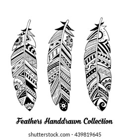 Vector black and white feathers illustration. Ink illustration isolated on white background.  Flat feathers icons collection.